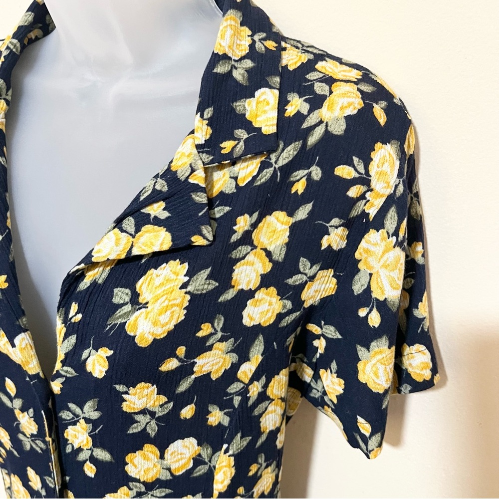 Vintage Fashion Bug 16 Maxi Shirt Dress Collar Button Navy Yellow Floral Women - Picture 4 of 12